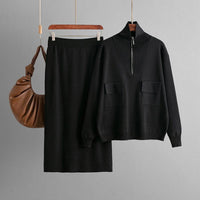 Autumn Winter Solid Color Polo Collar Half Zipper Knitted Top Wrapped Skirt Two Piece Set - Modestly Vogue 