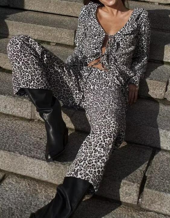 Autumn Women Clothing Animal Print Slim Fit Long Sleeve Trousers Suit - Modestly Vogue 