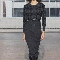 Autumn Women Knitted Diamond Shape Coat Skirt Two Piece Sets - Modestly Vogue 