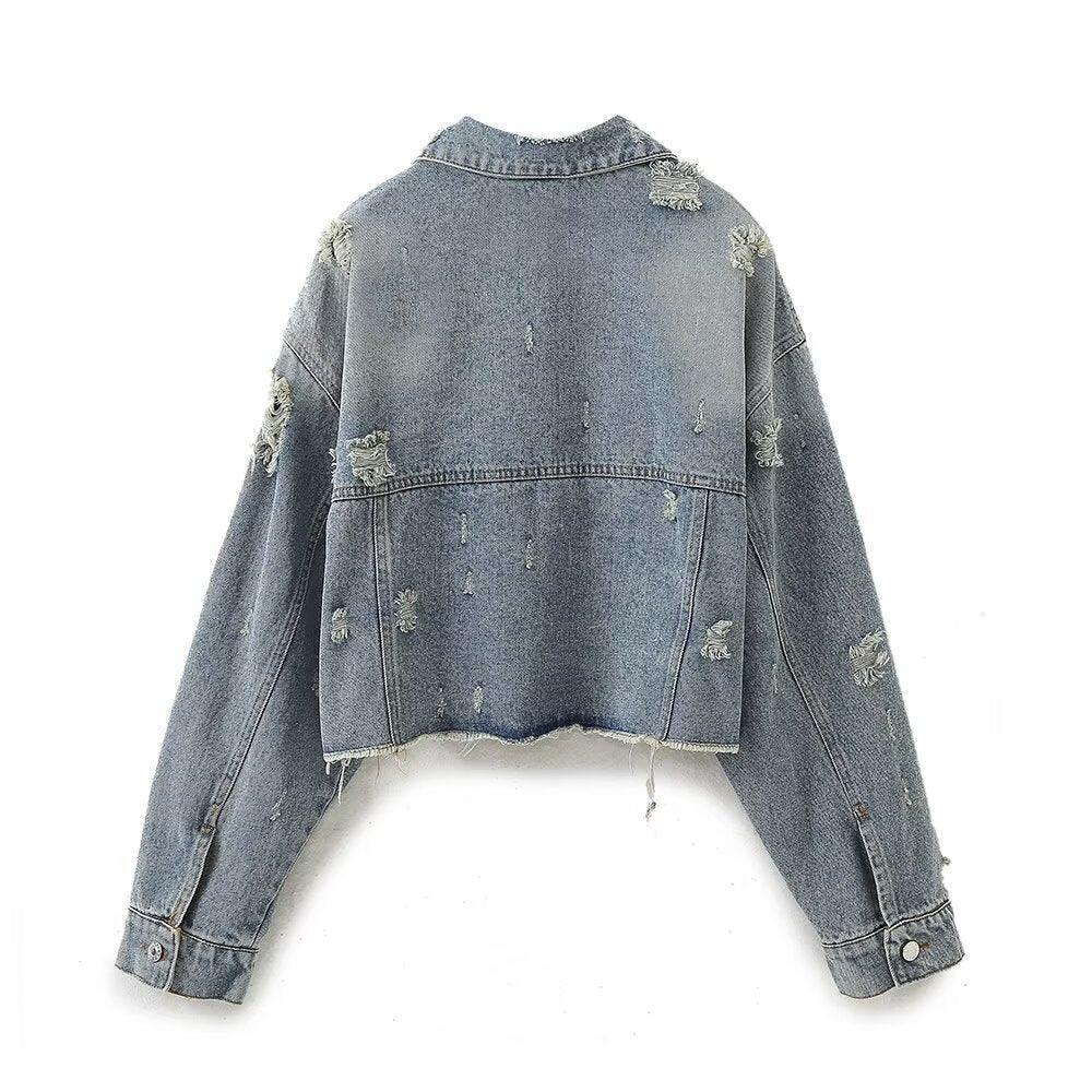 Denim Autumn Washed Loose Short Coat Mid Waist Two Piece Set - Modestly Vogue 