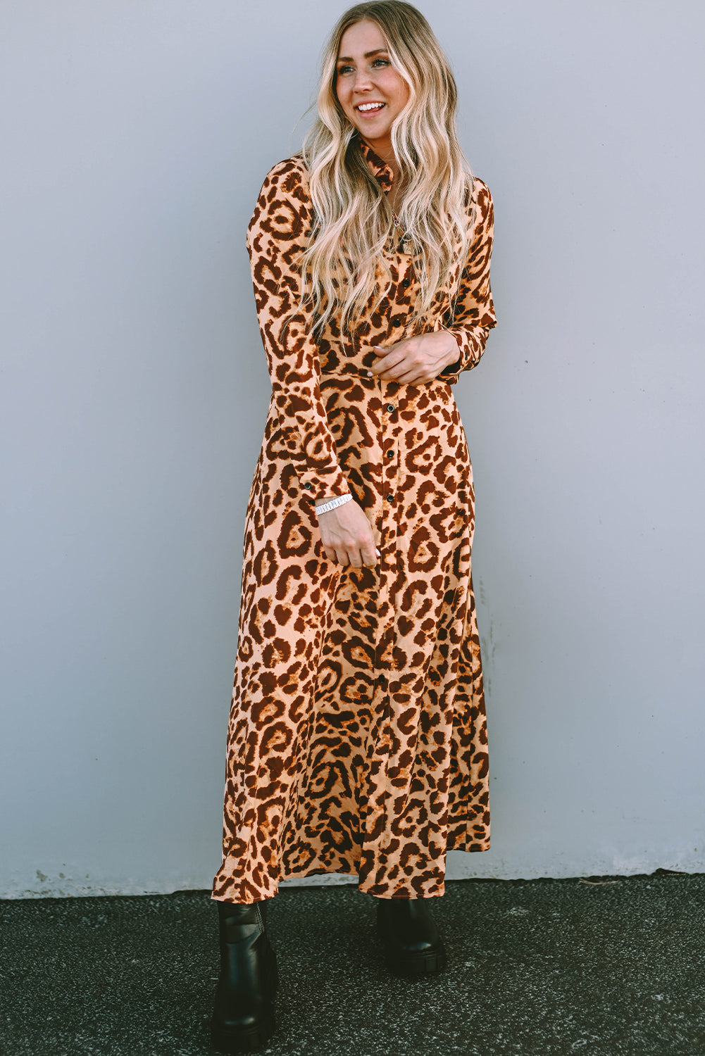 Leopard Button-Up Long Sleeve Maxi Dress - Modestly Vogue 