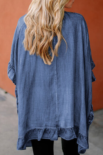 Ruffled Open Front Denim Top - Modestly Vogue 