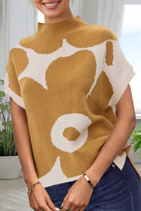 Camel Big Flower Pattern Stand Neck Short Sleeve Sweater - Modestly Vogue 