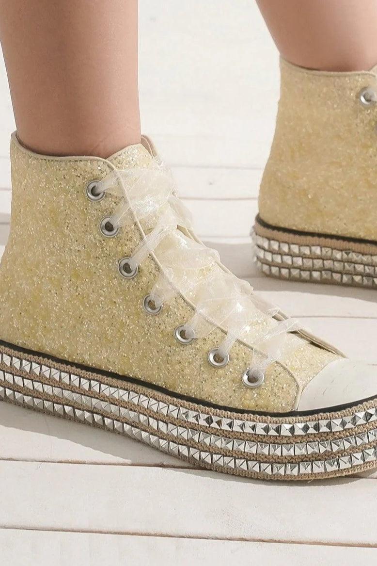 Beast Fashion Glitter Lace-Up Studded Platform Sneakers - Modestly Vogue 