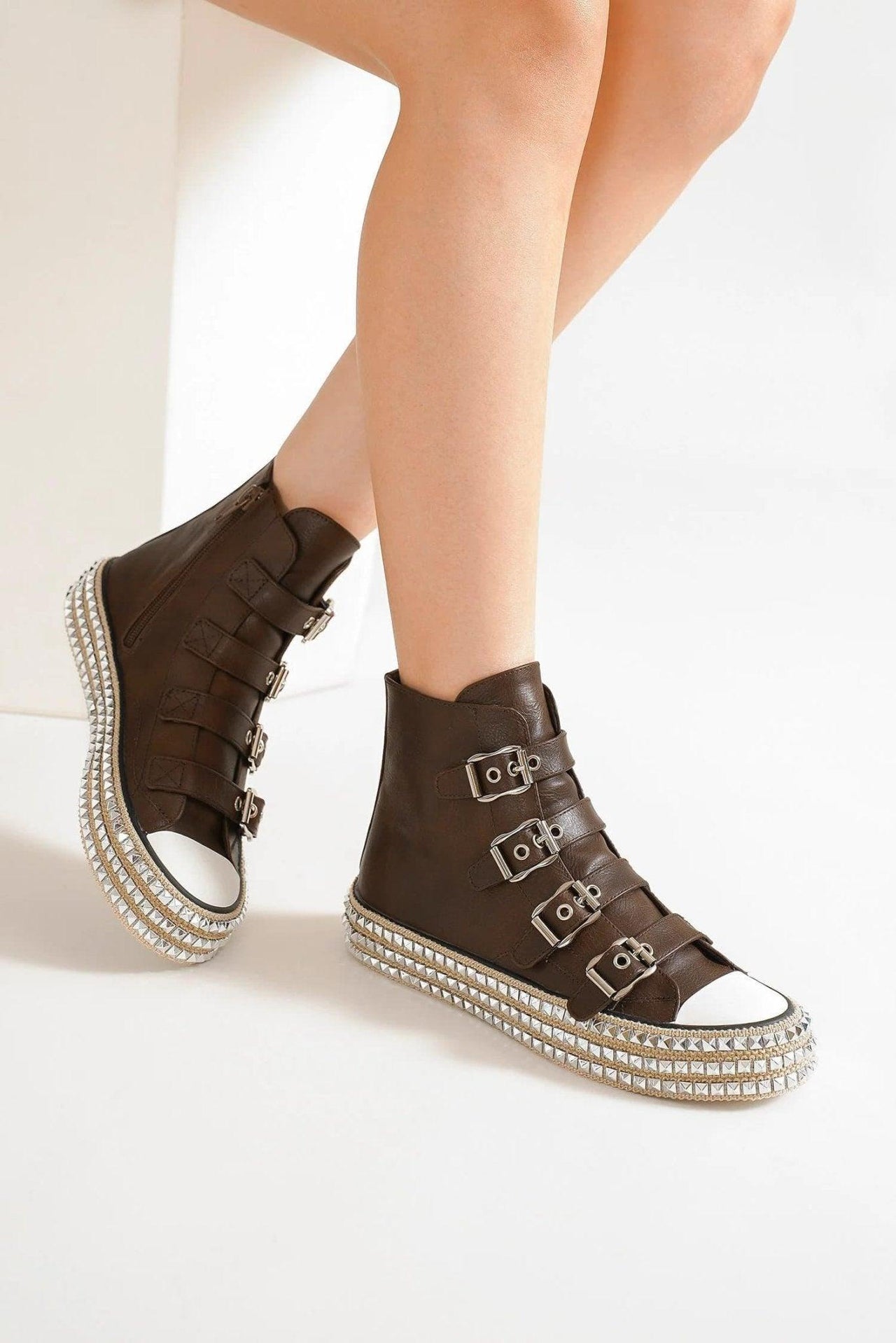 Beast Fashion Multi-Buckle Straps Studded Platform Sneakers - Modestly Vogue 