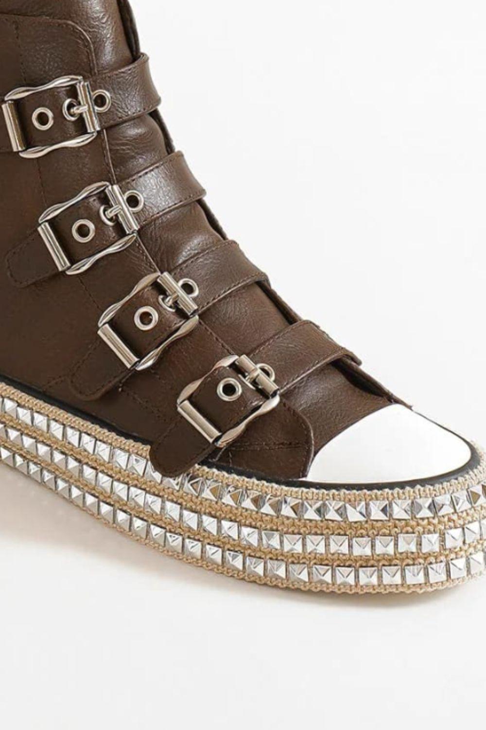 Beast Fashion Multi-Buckle Straps Studded Platform Sneakers - Modestly Vogue 