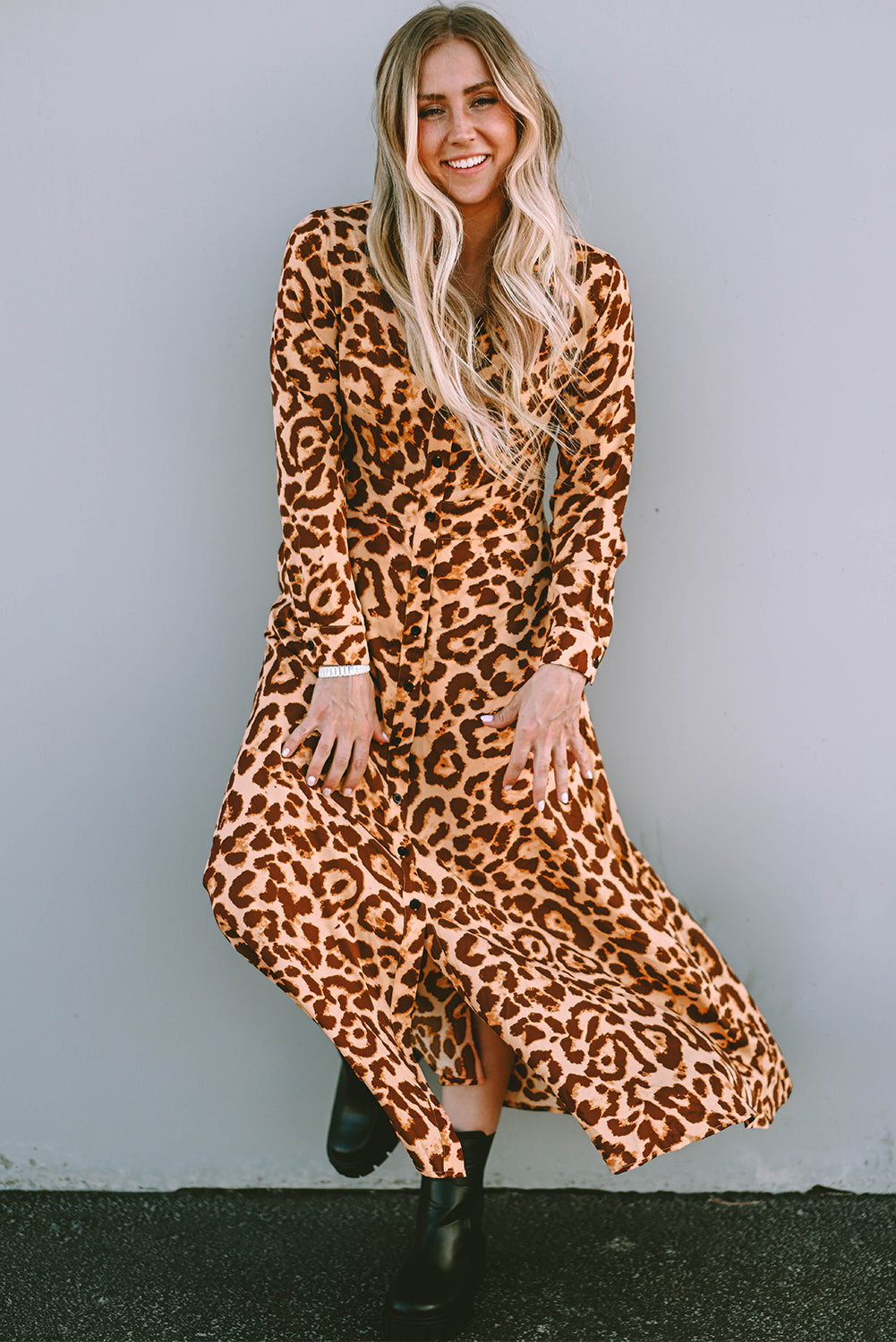 Leopard Button-Up Long Sleeve Maxi Dress - Modestly Vogue 