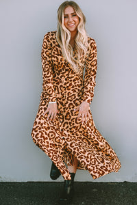 Leopard Button-Up Long Sleeve Maxi Dress - Modestly Vogue 