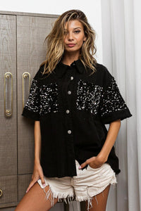 BiBi Sequin Detail Raw Hem Short Sleeve Shirt - Modestly Vogue 