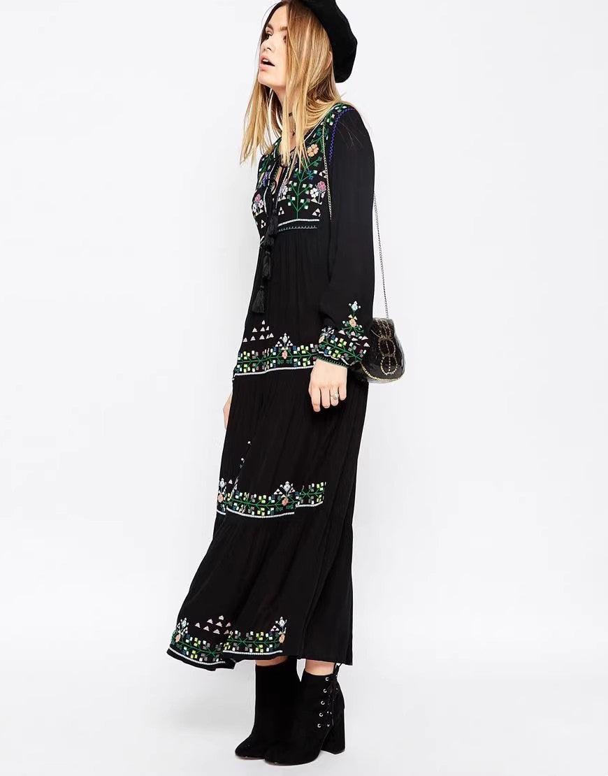 Bohemian Embroidered Lace Up Dress With Lining - Modestly Vogue 