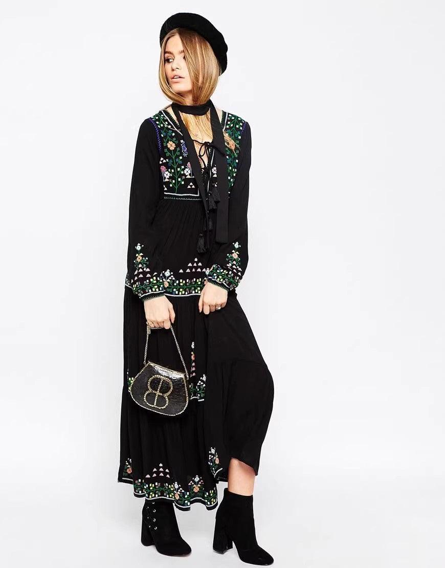 Bohemian Embroidered Lace Up Dress With Lining - Modestly Vogue 