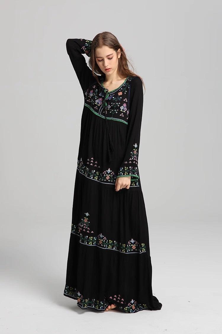 Bohemian Embroidered Lace Up Dress With Lining - Modestly Vogue 