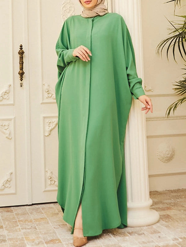 Loose Buckle Solid Color Round-Neck Muslim Abaya - Modestly Vogue 