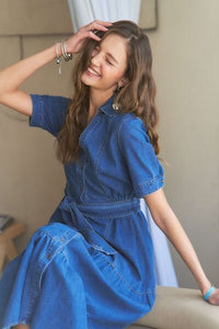 Denim ADORA Tiered Button Down Tie Waist Dress | Short Sleeve, - Modestly Vogue 