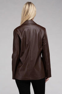 Sleek Pu Leather Blazer with Front Closure - Modestly Vogue 