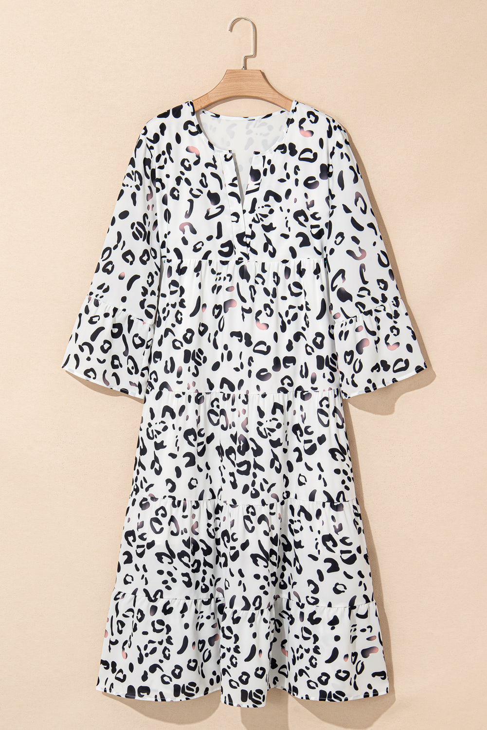 White Leopard Print Notch V Neck Loose Fit Maxi Dress - Modestly Vogue 