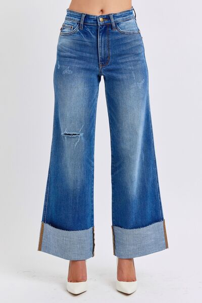 Denim Judy Blue Full Distressed High Waist Wide Leg Jeans - Modestly Vogue 