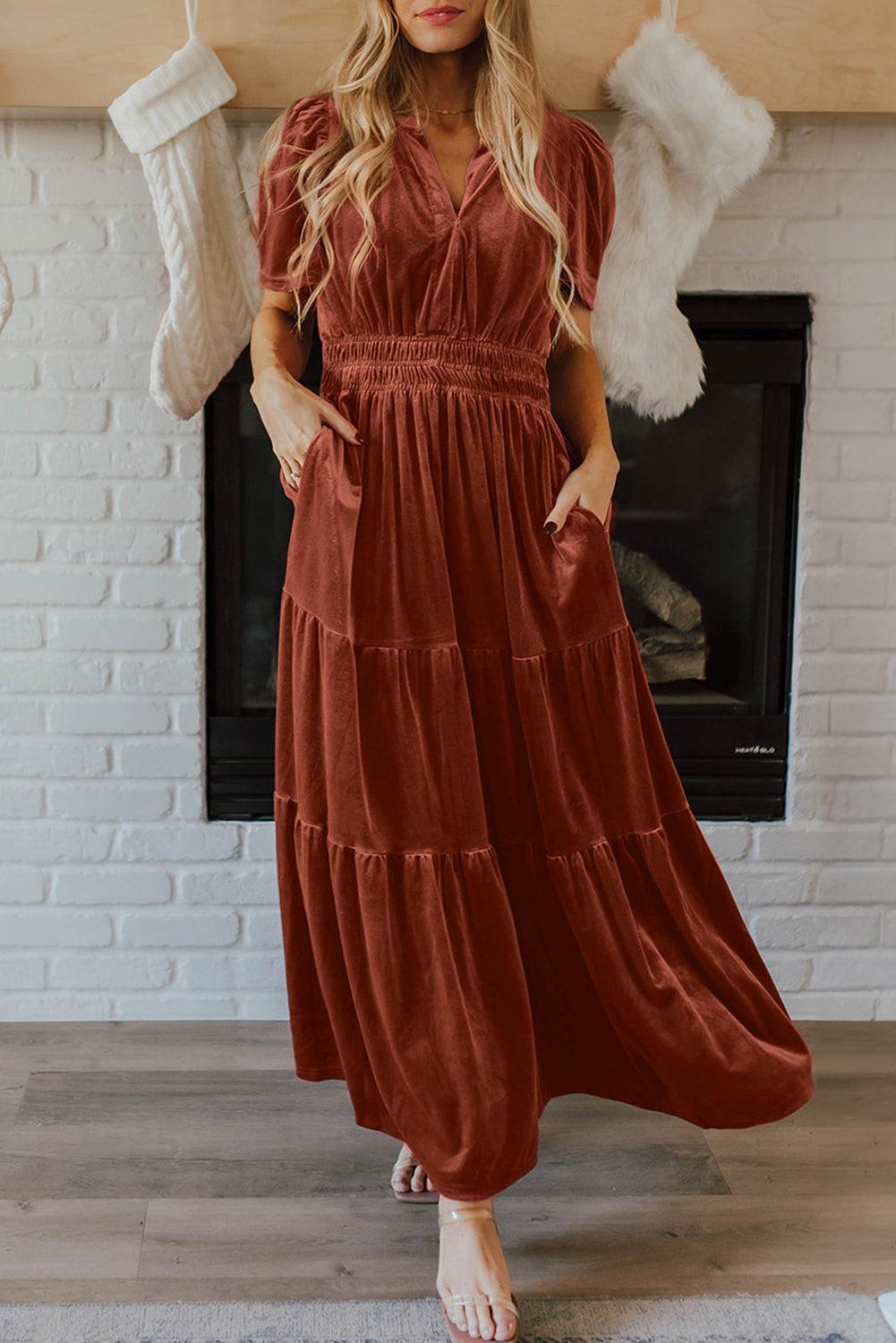 Chestnut Velvet Short Sleeve Shirred Waist Tiered Maxi Dress - Modestly Vogue 