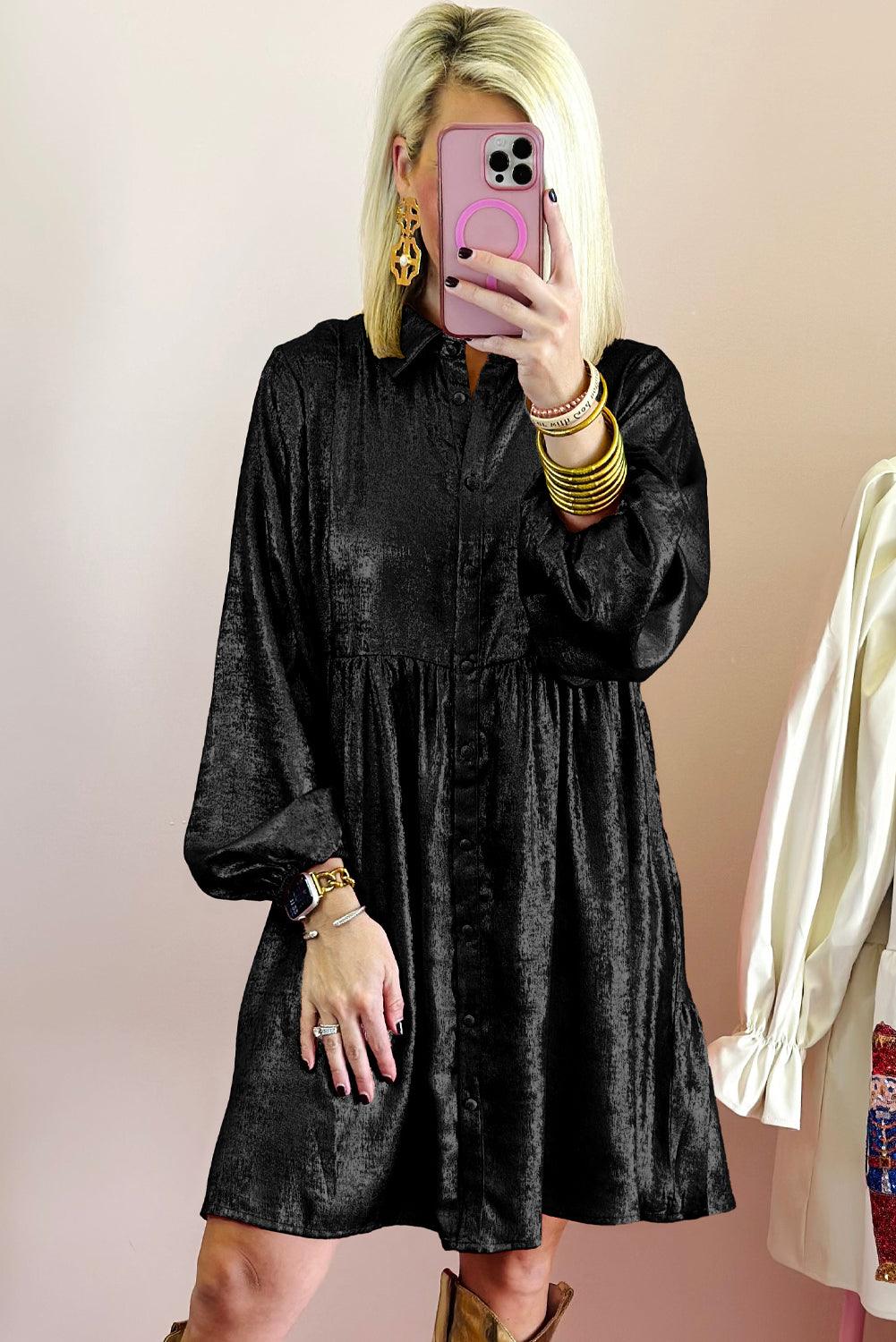 Black Metallic Sheen Puff Sleeve Button Up Mini Shirt Dress - Modestly Vogue 