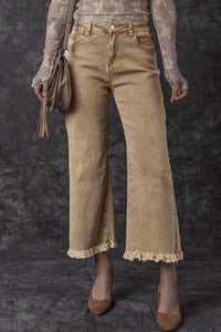 Denim Light French Beige Acid Washed High Rise Cropped Wide Leg - Modestly Vogue 