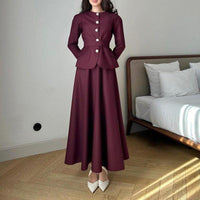 Casual Set Women Autumn Solid Color round Neck Single Breasted Design Slim Skirt Set - Modestly Vogue 