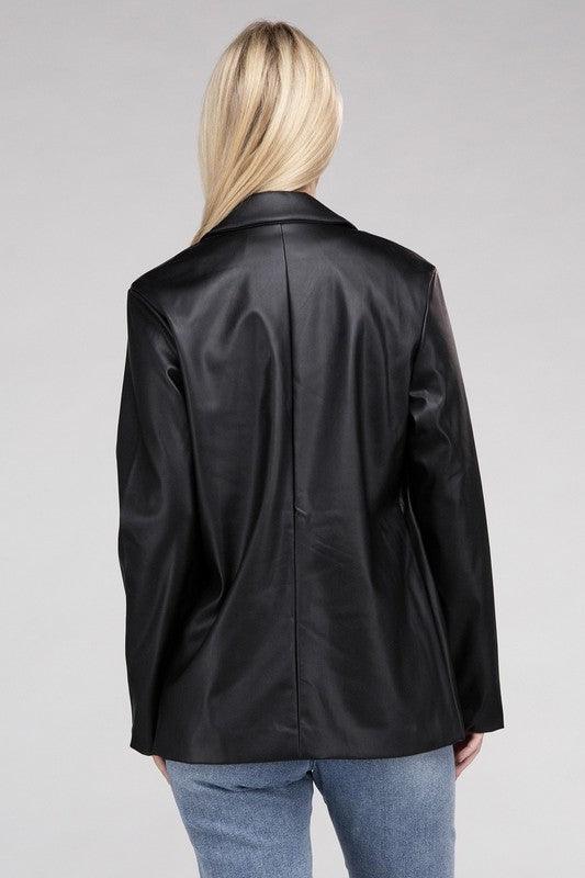 Sleek Pu Leather Blazer with Front Closure - Modestly Vogue 