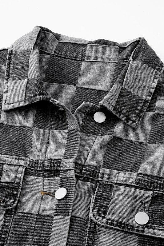 Denim Checkered Patchwork Button Up Jacket - Modestly Vogue 