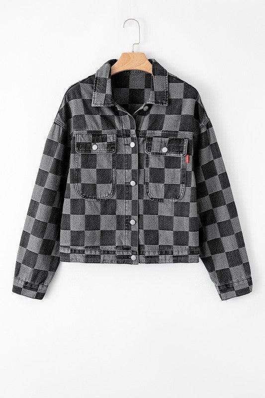 Denim Checkered Patchwork Button Up Jacket - Modestly Vogue 