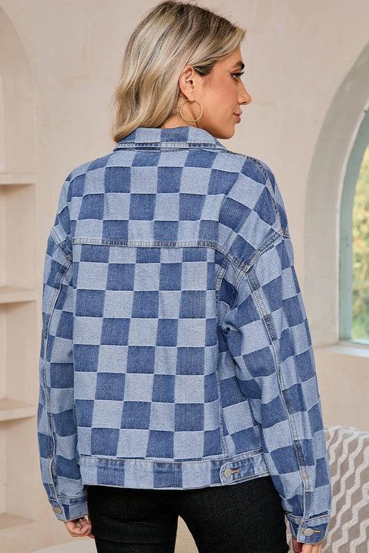 Denim Checkered Patchwork Button Up Jacket - Modestly Vogue 