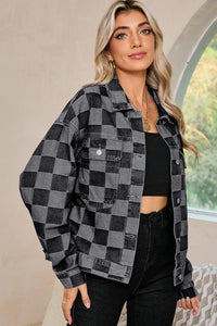 Denim Checkered Patchwork Button Up Jacket - Modestly Vogue 