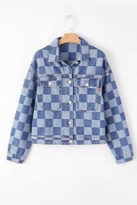 Denim Checkered Patchwork Button Up Jacket - Modestly Vogue 