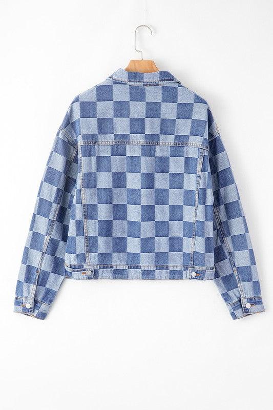 Denim Checkered Patchwork Button Up Jacket - Modestly Vogue 