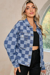 Denim Checkered Patchwork Button Up Jacket - Modestly Vogue 