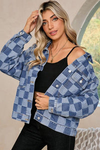 Denim Checkered Patchwork Button Up Jacket - Modestly Vogue 