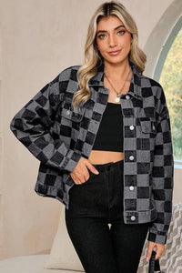 Denim Checkered Patchwork Button Up Jacket - Modestly Vogue 