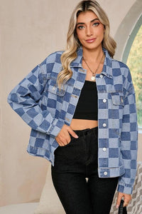 Denim Checkered Patchwork Button Up Jacket - Modestly Vogue 