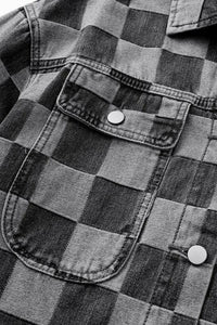 Denim Checkered Patchwork Button Up Jacket - Modestly Vogue 