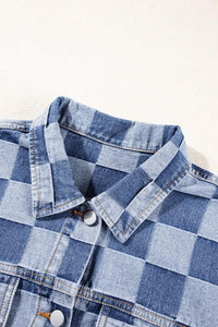 Denim Checkered Patchwork Button Up Jacket - Modestly Vogue 