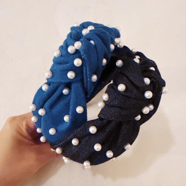 Denim Hair Accessories – Hair Clips, Headbands | Pearls And Knotted Headband - Modestly Vogue 