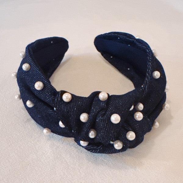 Denim Hair Accessories – Hair Clips, Headbands | Pearls And Knotted Headband - Modestly Vogue 