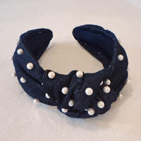 Denim Hair Accessories – Hair Clips, Headbands | Pearls And Knotted Headband - Modestly Vogue 