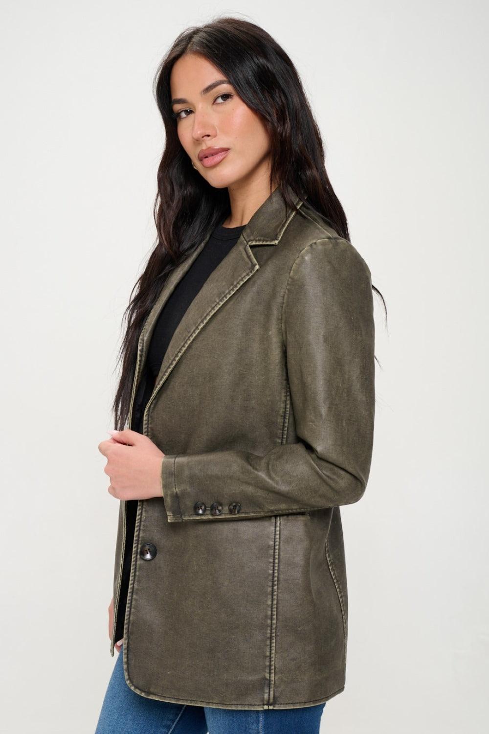 Coalition LA Single-Breasted Vegan Leather Blazer - Modestly Vogue 