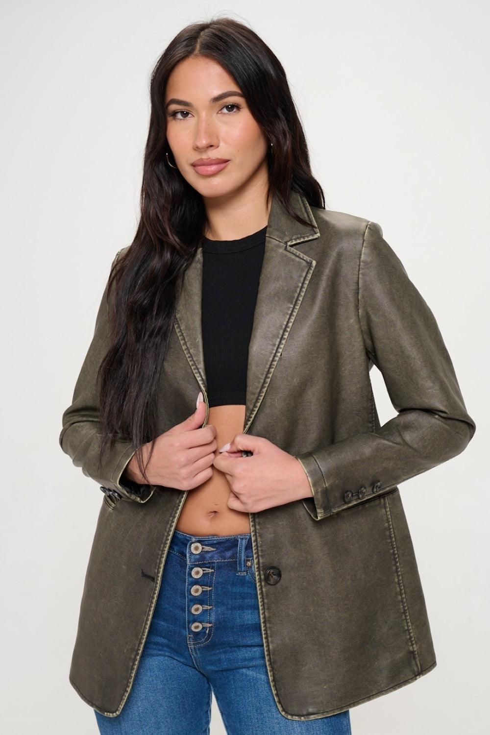 Coalition LA Single-Breasted Vegan Leather Blazer - Modestly Vogue 