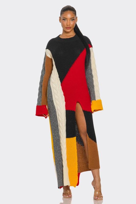 Color-Block Cable Knit Maxi Dress - Modestly Vogue 