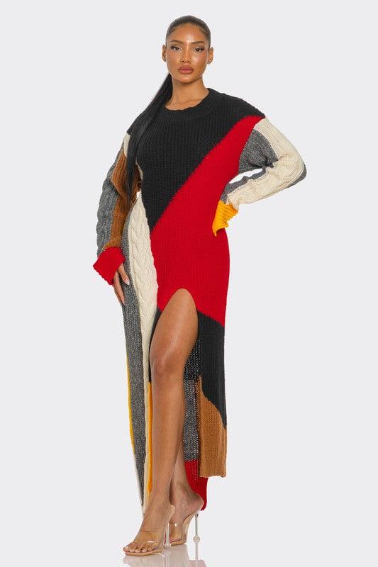 Color-Block Cable Knit Maxi Dress - Modestly Vogue 