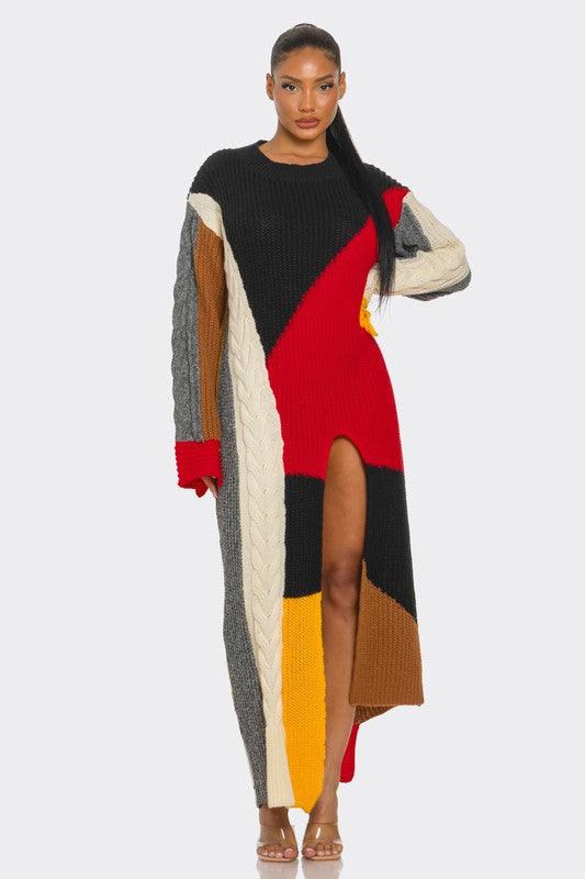 Color-Block Cable Knit Maxi Dress - Modestly Vogue 