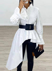 Cotton Polyester Asymmetrical Cut Shirt - Belt Included a Fit White - Modestly Vogue 