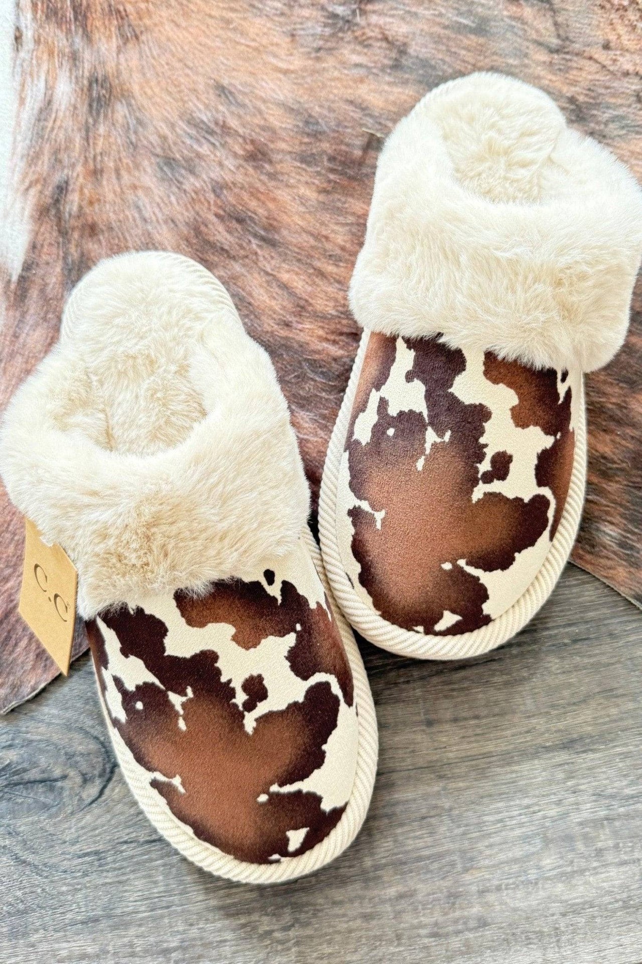 Cozy Socks & Slippers for Women – Comfortable & Stylish Footwear Collection | Modestly Vogue CC Cow Print Faux Fur Slippers - Modestly Vogue 