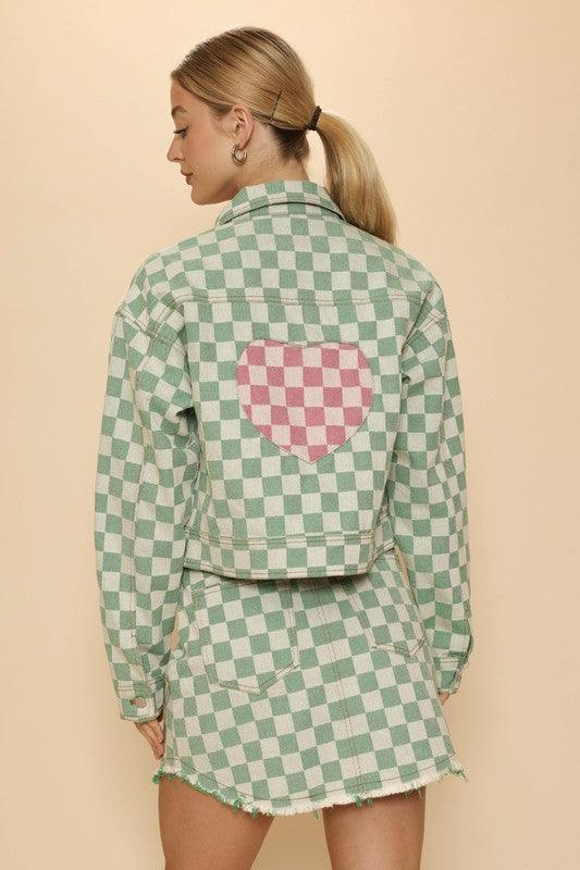 Denim Cropped checkered heart denim jacket - Modestly Vogue 