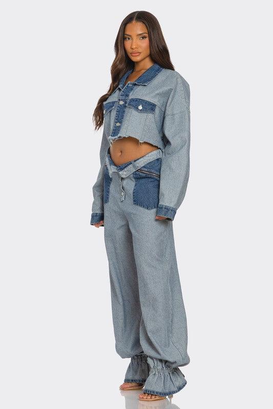 Denim Cropped Contrast Set - Modestly Vogue 